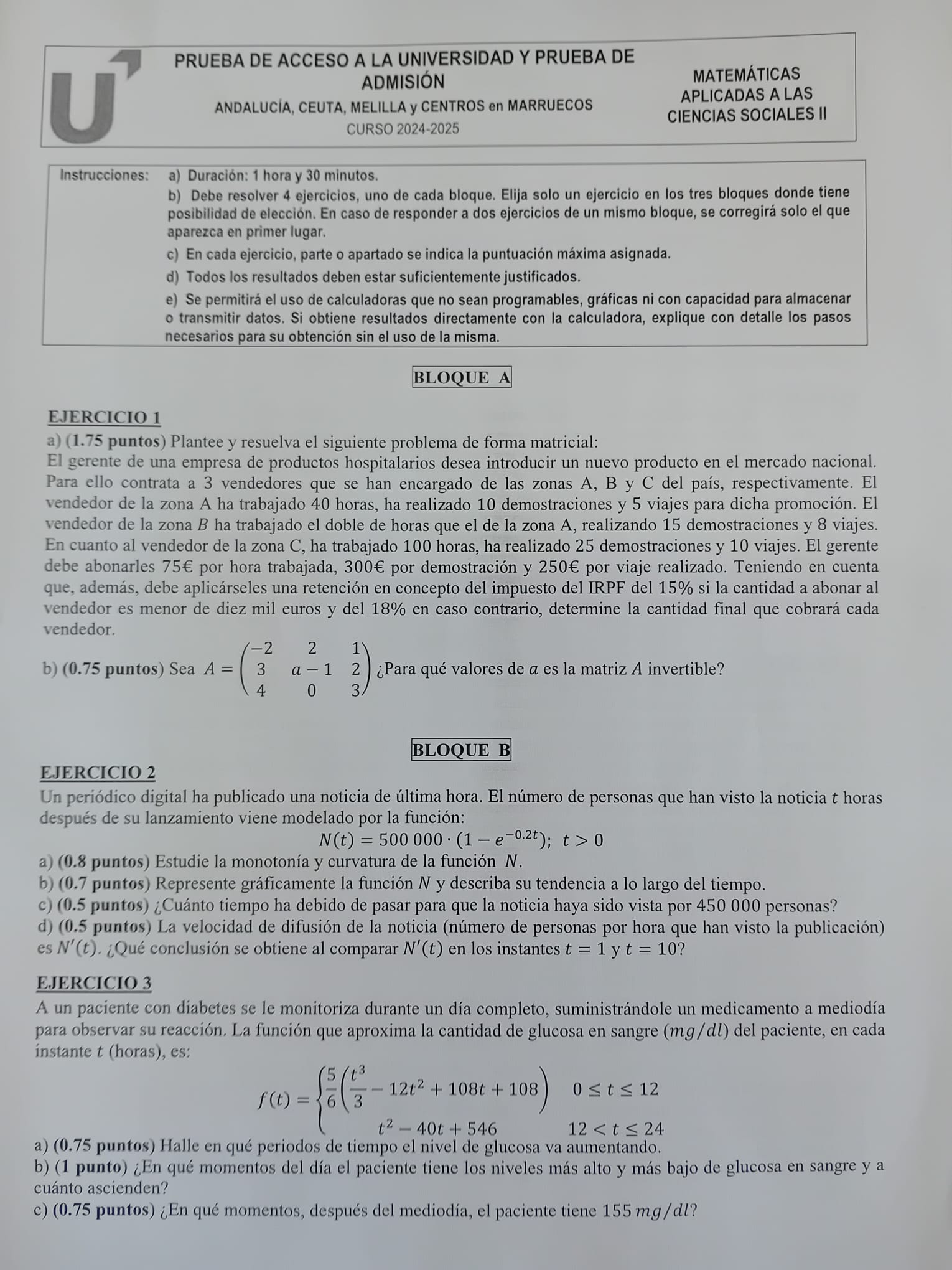 Primera parte de Matemáticas Aplicadas de la PAU 2025.