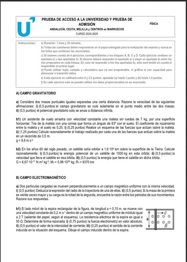 El examen de física de la Selectividad de Andalucía 2025.