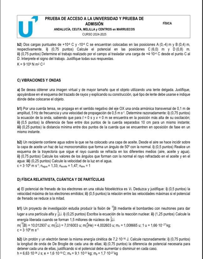 La segunda hoja del examen de Física de la PAU andaluza 2025.