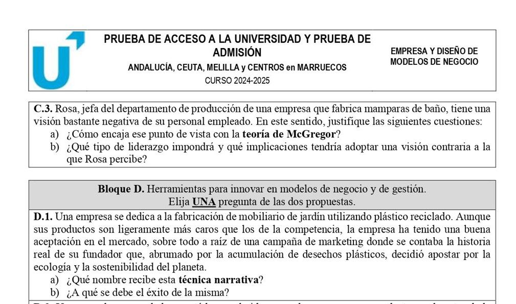 Una parte del examen de la PAU de Andalucía de Empresa y Diseño de modelos de negocio (conocida como Economía) en junio de 2025.