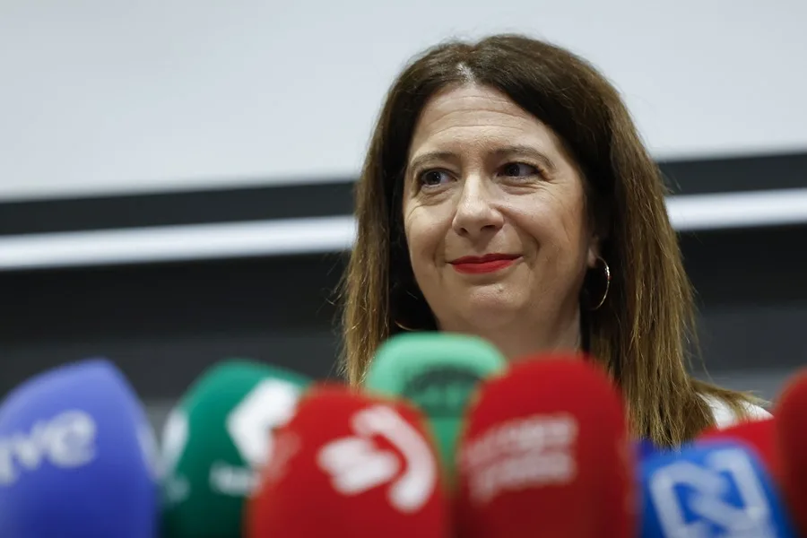 Leire Díez, en su comparecencia ante los medios este miércoles en Madrid, antes del incidente de Aldama y Dolset.