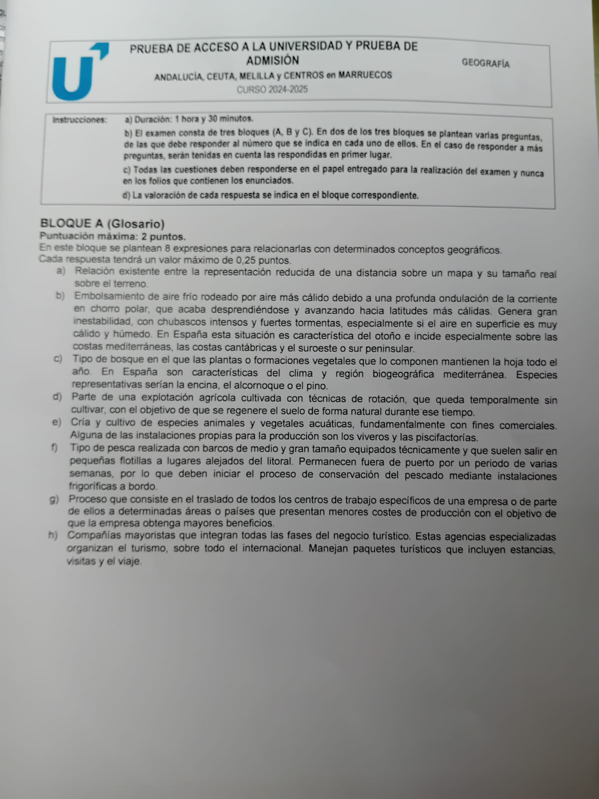 Primera hoja del examen de Geografía en la PAU de Andalucía.