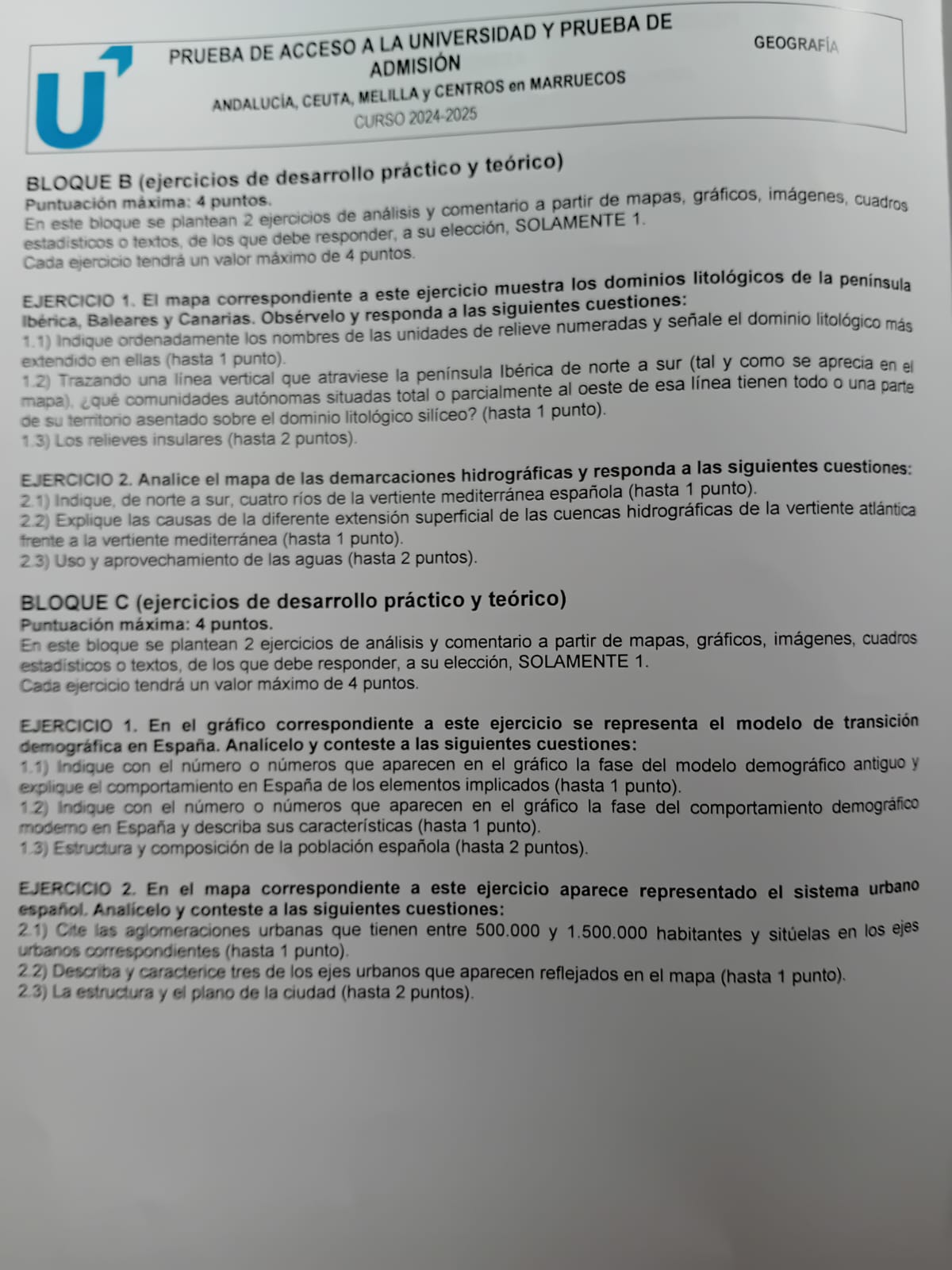 Segunda hoja del examen de Geogrfía en la selectividad andaluza de este 2025.