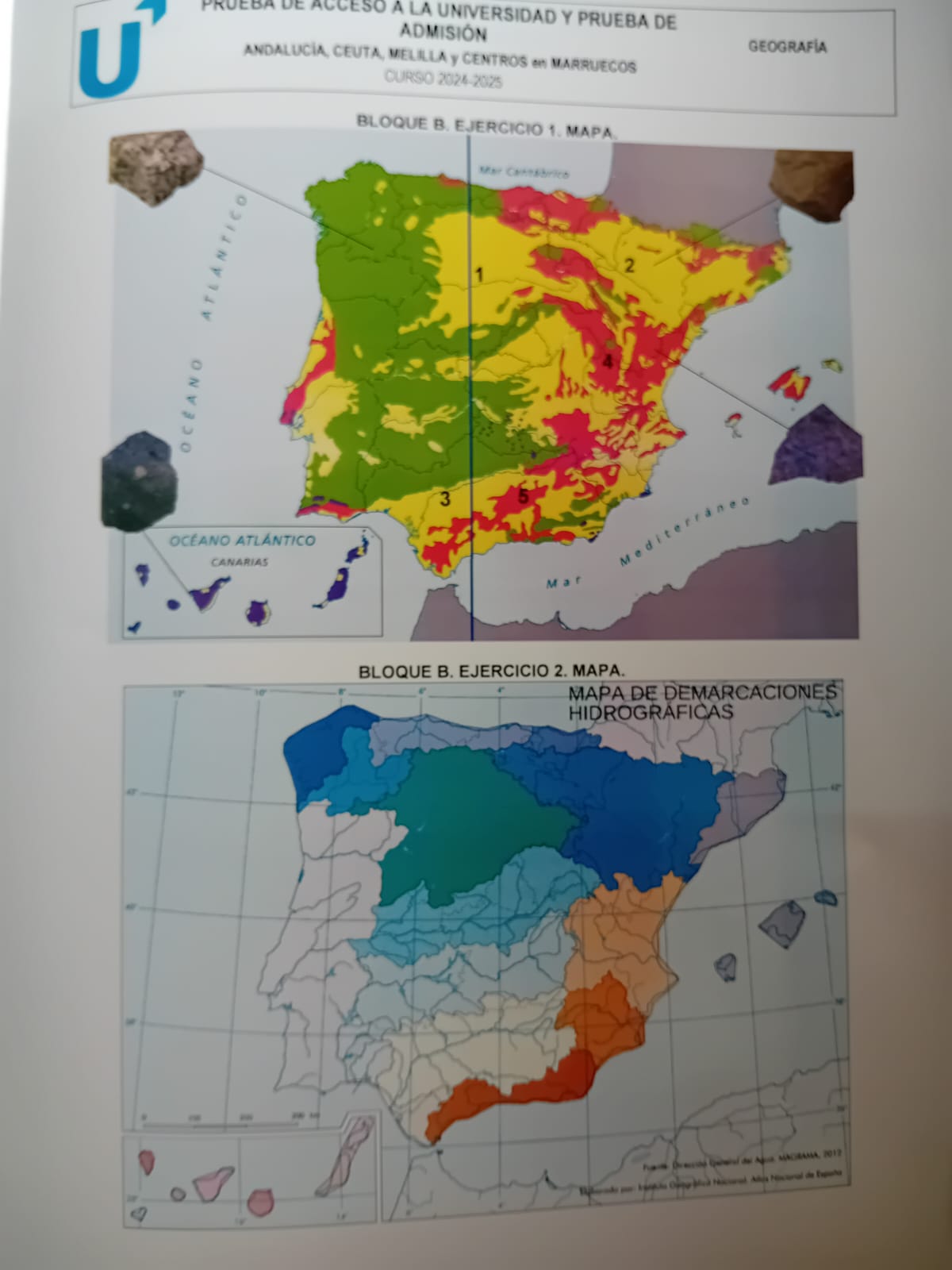 Una hoja con mapas para el examen de Geografía.