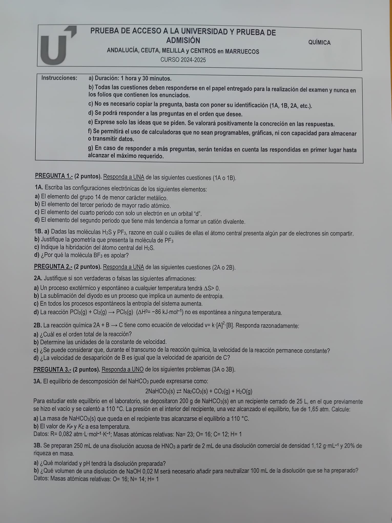 La primera hoja del examen de Química de la PAU 2025 en Andalucía, convocatoria de junio.