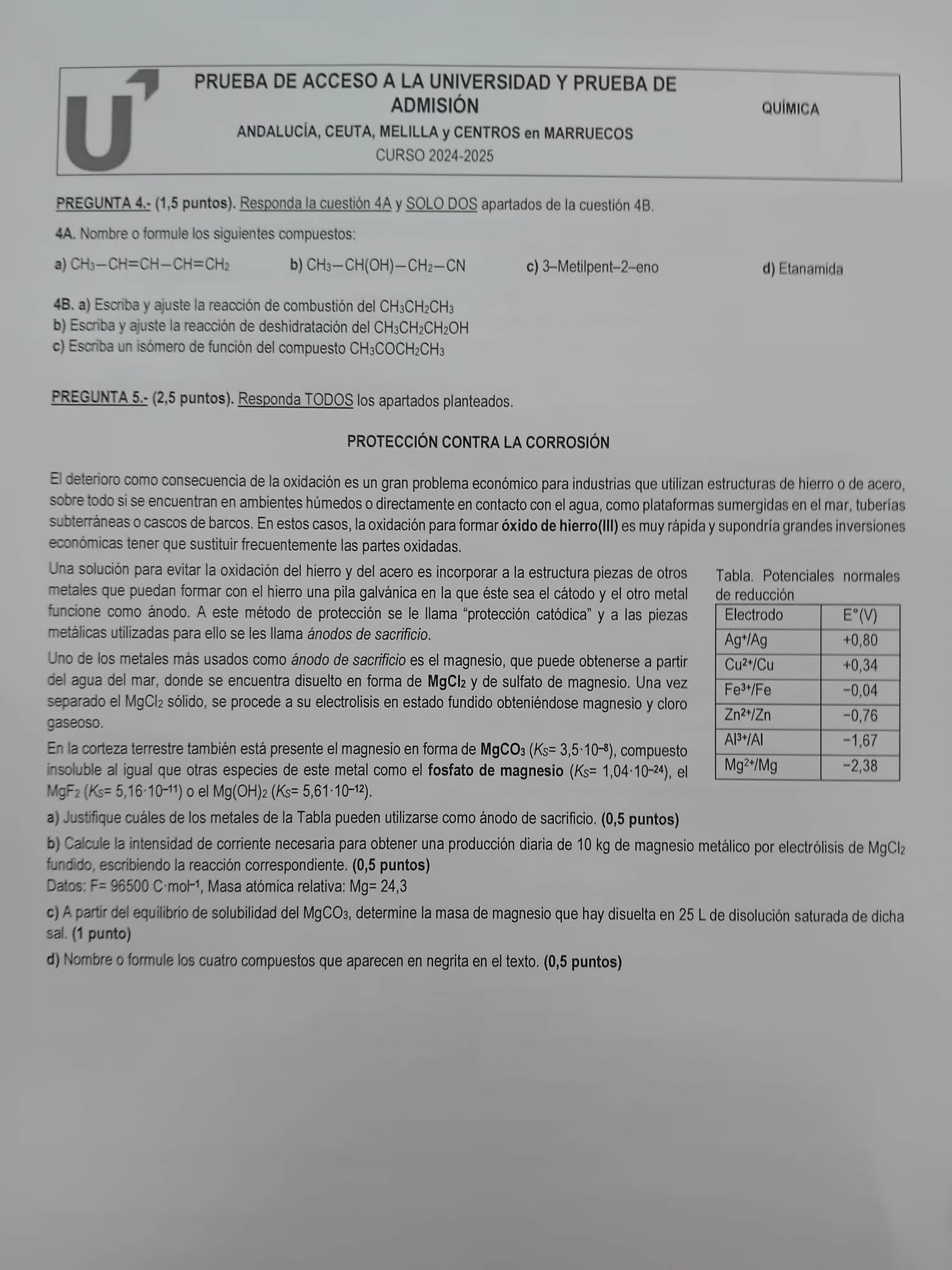 La segunda hoja de Química en la PAU andaluza de 2025.