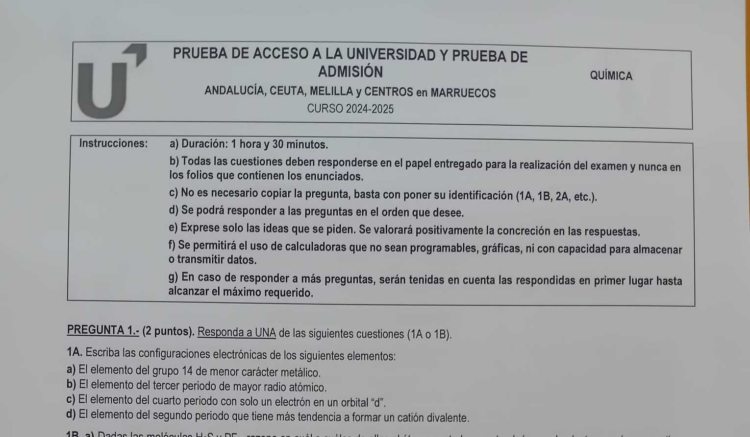 El examen de Química de la PAU 2025 en Andalucía.