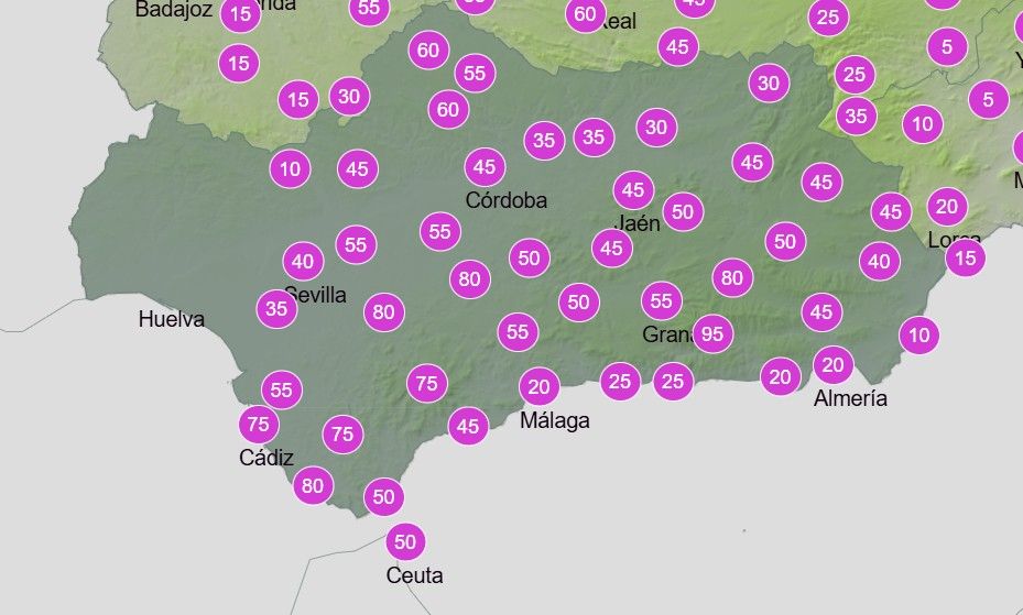 Probabilidad de tormentas por comarcas en Andalucía durante el miércoles, según la Aemet.