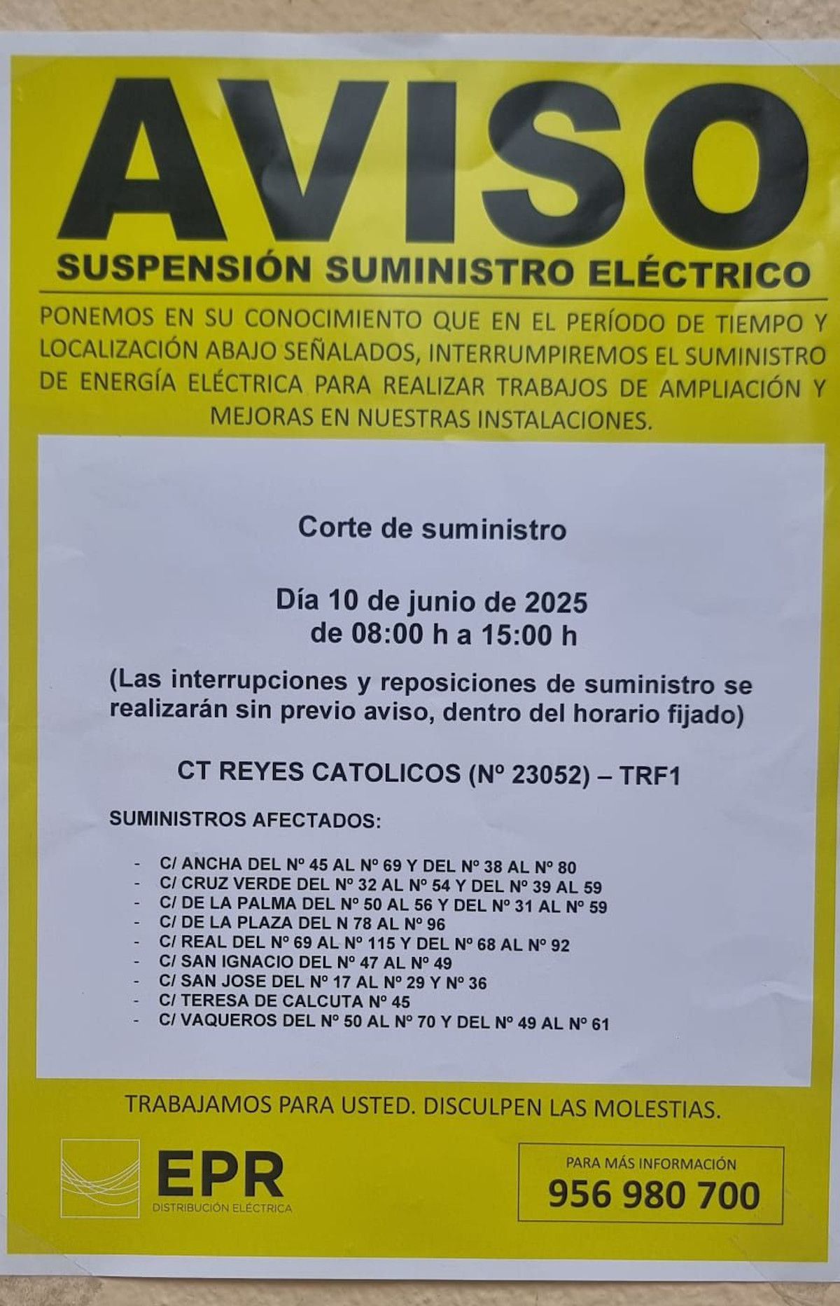 Aviso corte de luz