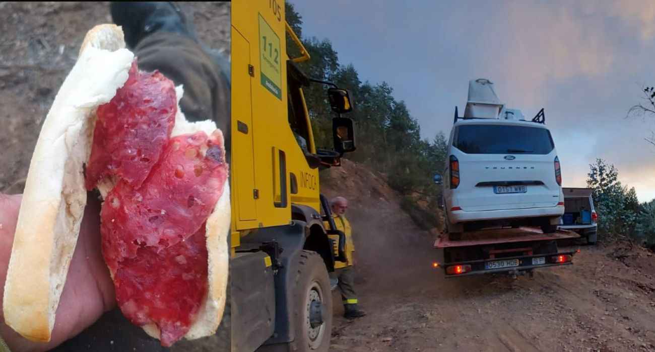 Bocadillo y vehículos de los bomberos del Plan Infoca.