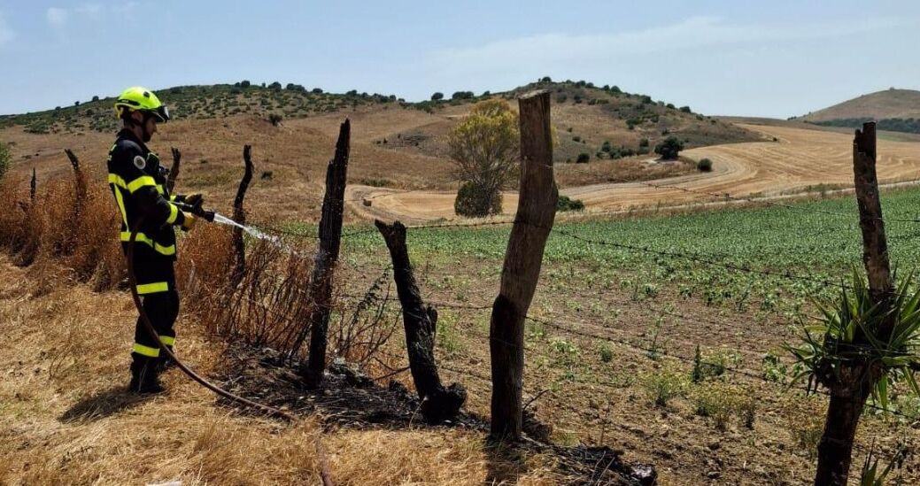 Intervención de los bomberos en dos incendios de pasto en Paterna de Rivera y El Palmar