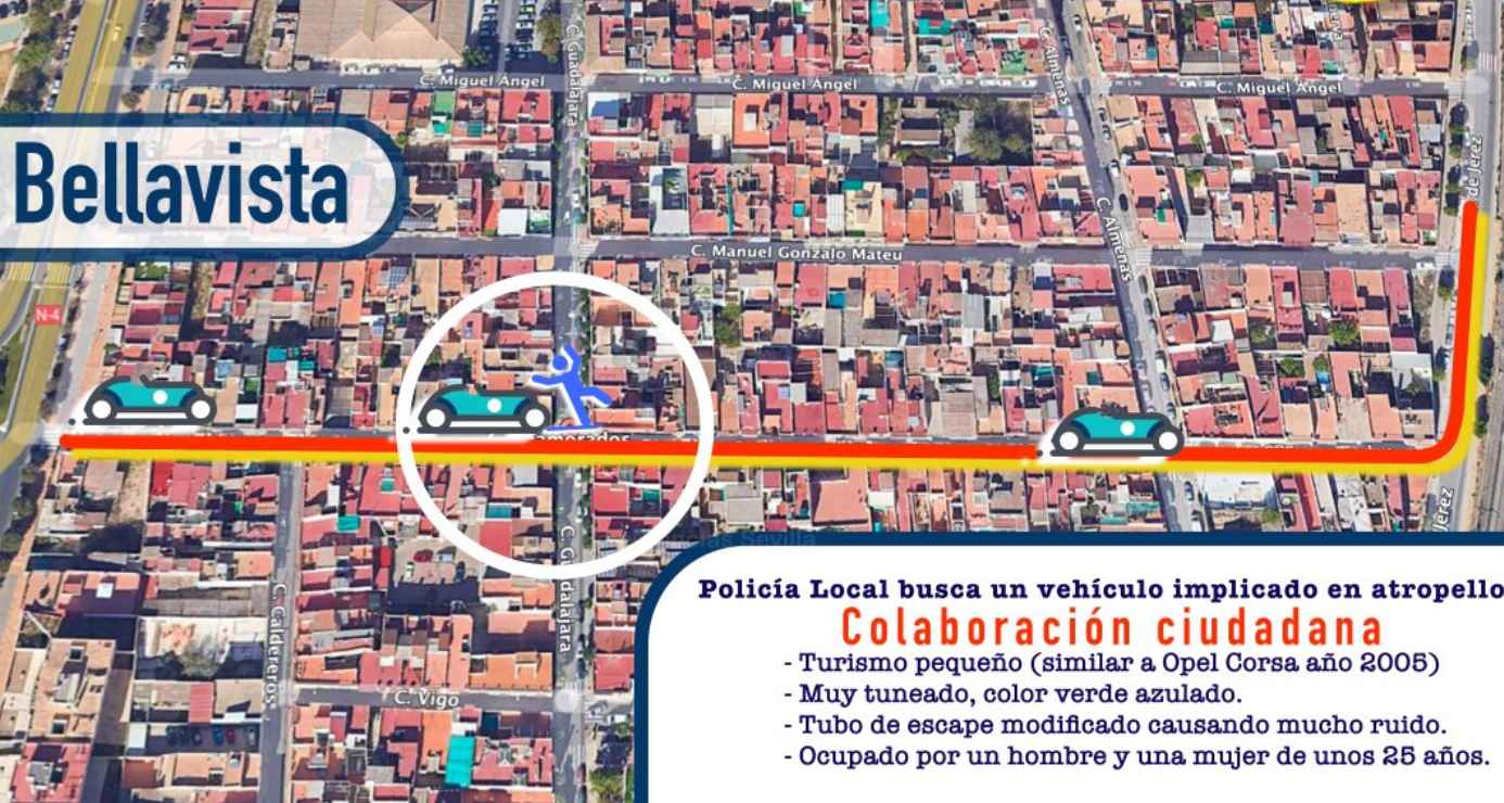 Piden colaboración ciudadana para encontrar a un vehículo a la fuga en Sevilla.