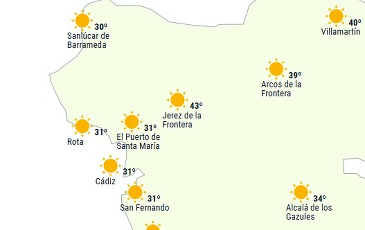 Captura del mapa del tiempo para Jerez y la Bahía en el próximo episodio de calor.