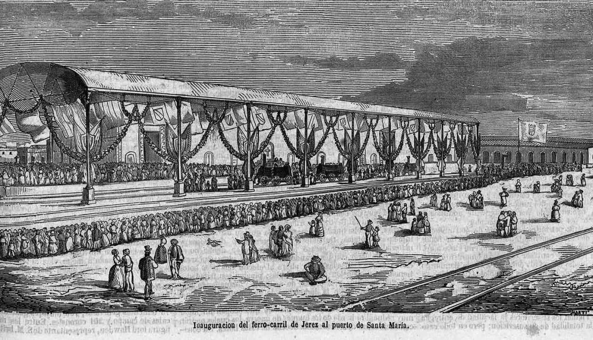 Grabado dela imauguración de la línea de ferrocarril de Jerez al trocadero en 1854