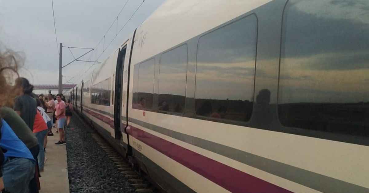 Pasajeros fuera del tren tras la avería de la catenaria.