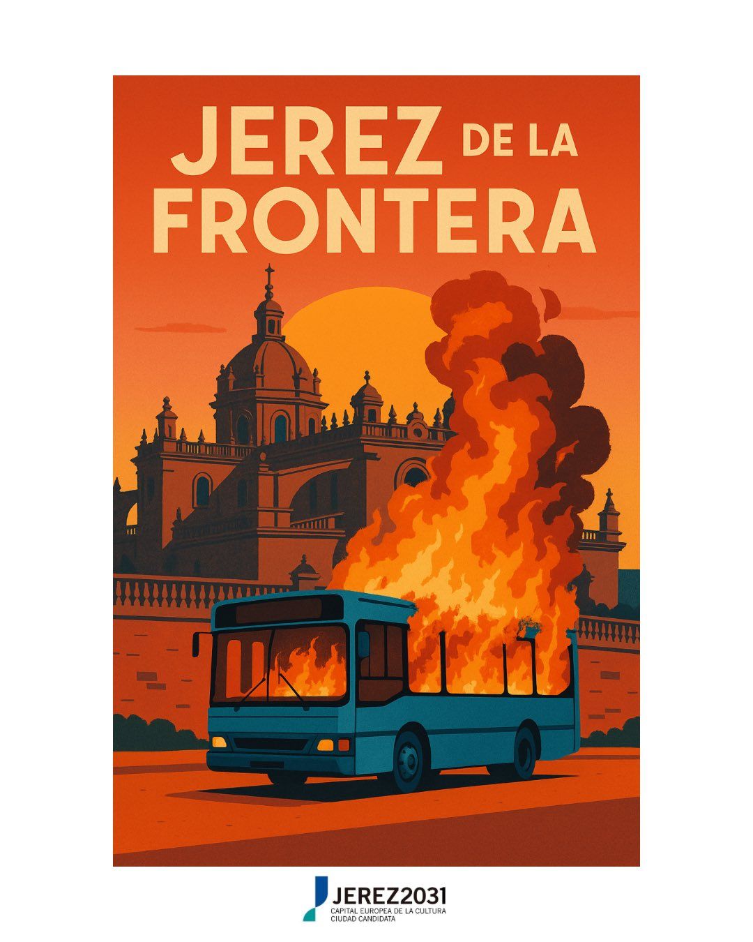 Postal de un autobús ardiendo.