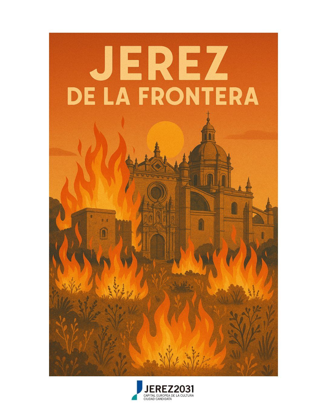 Catedral de Jerez envuelta en llamas.