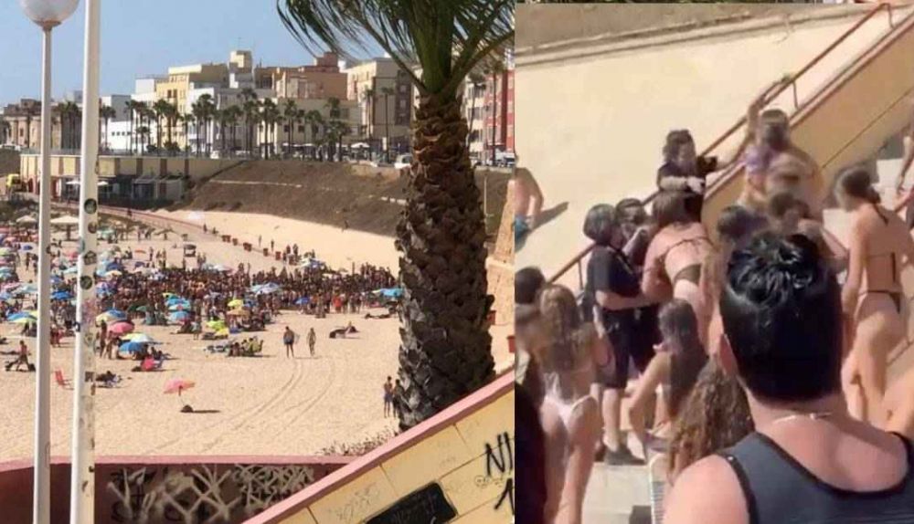 Una imagen de la trifulca multitudinaria en la playa de Santa María del Mar y la pelea formada en una de las escaleras de acceso.