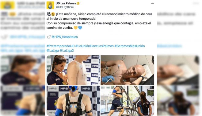 Publicación de la UD Las Palmas sobre la recuperación de Kirian.
