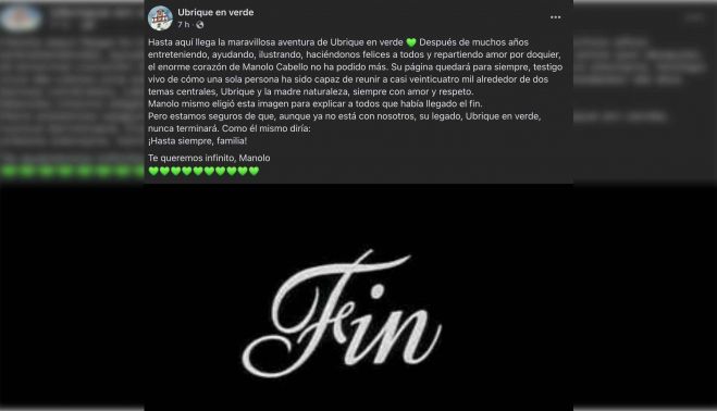 Publicación en redes sobre el fallecimiento de Manolo Cabello.