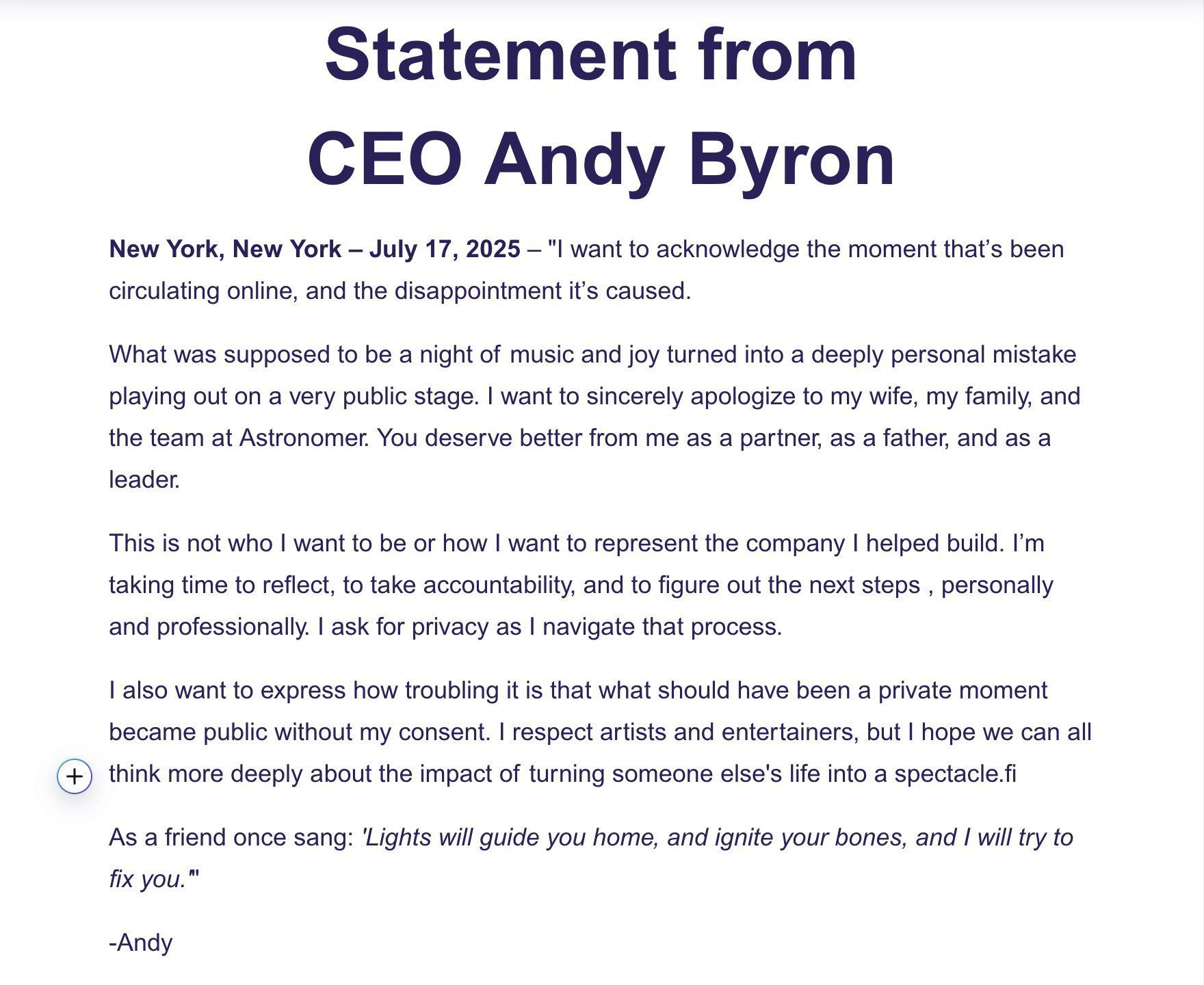 Comunicado de Andrew Byron