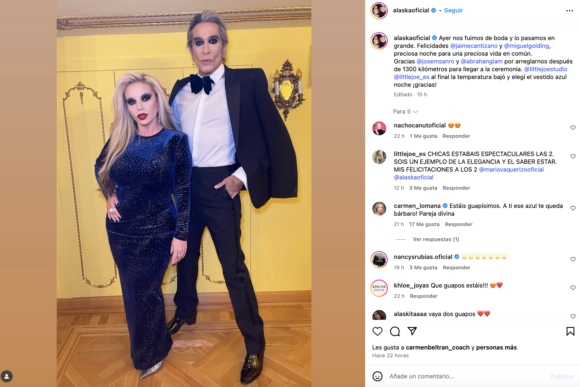 Alaska y Mario, en la boda de Jaime Cantizano y Miguel Golding.