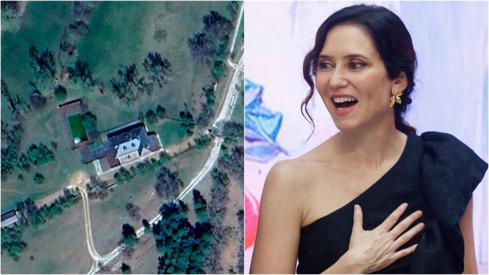 A la izquierda, vista aérea de la mansión en Rascafría. A la derecha, la presidenta de la Comunidad, Isabel Díaz Ayuso.