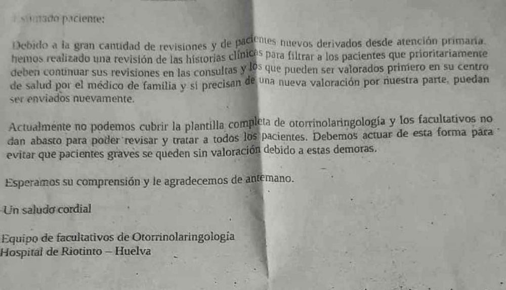 La carta enviada por el servicio de Otorrinoralingología del Hospital de Riotinto a los pacientes.