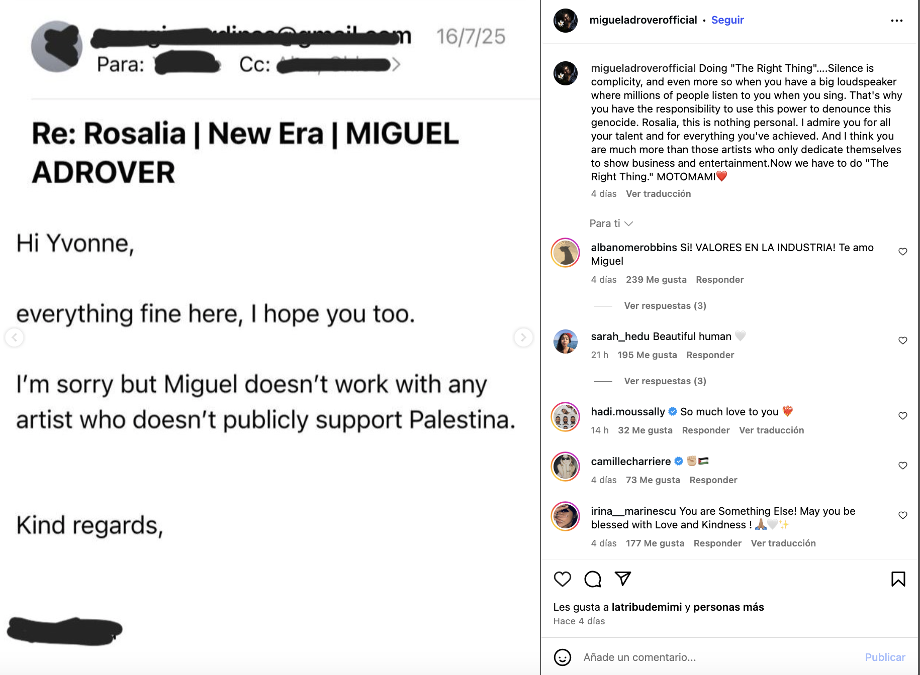 Publicación de Álex Adrover sobre Rosalía.