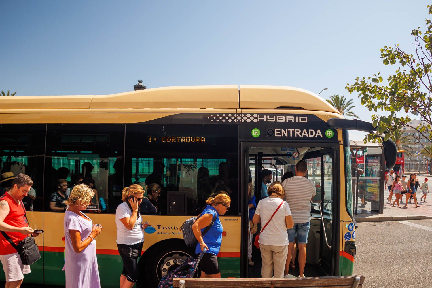 Usuarios acceden a un autobús en la parada de la avenida del Puerto de Cádiz.