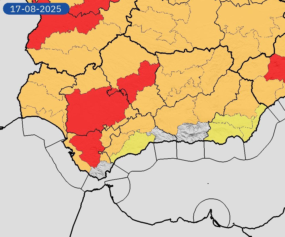 Mapa de Protección Civil  con las alertas en Andalucía