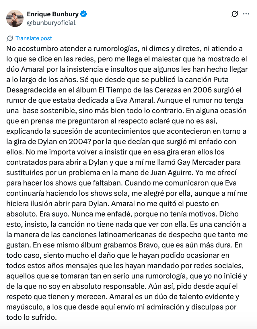 Comunicado de Bunbury en X.