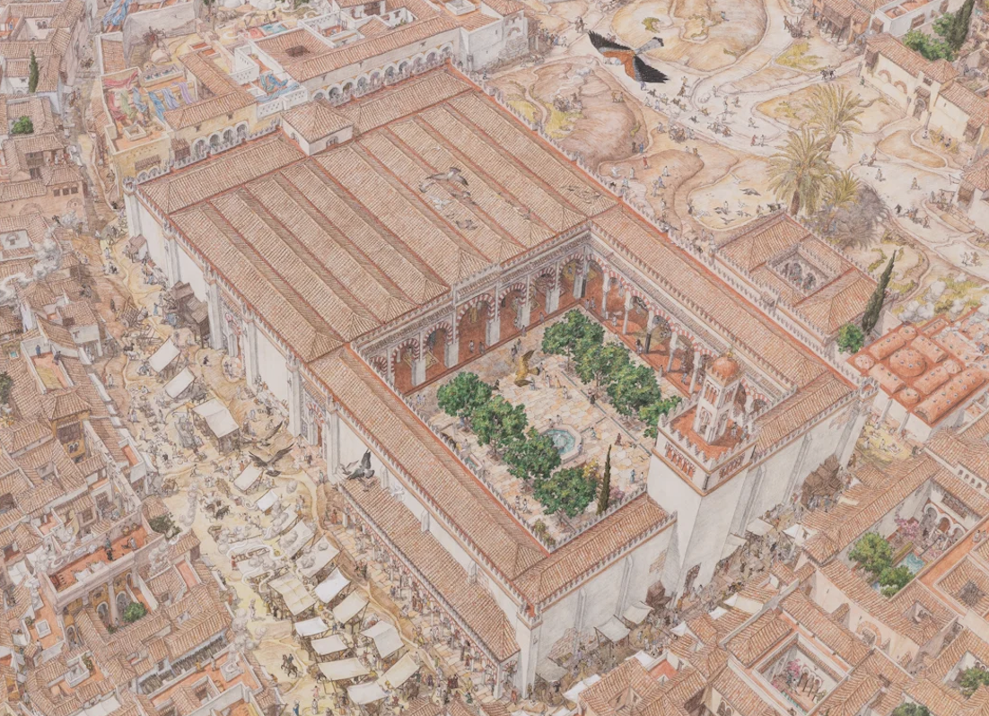 Recreación de la Sevilla islámica y el lugar de la antigua mezquita donde hoy se ubica El Salvador. 