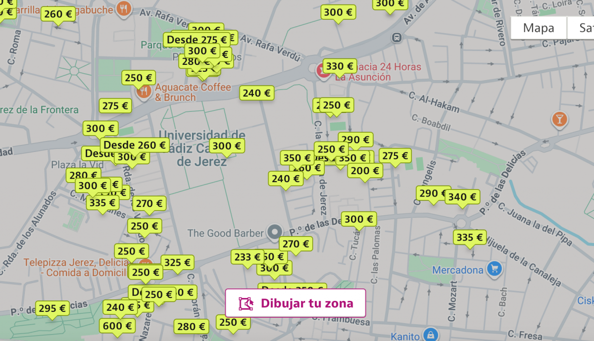 Mapa de Idealista con los pisos disponibles para compartir en Jerez.