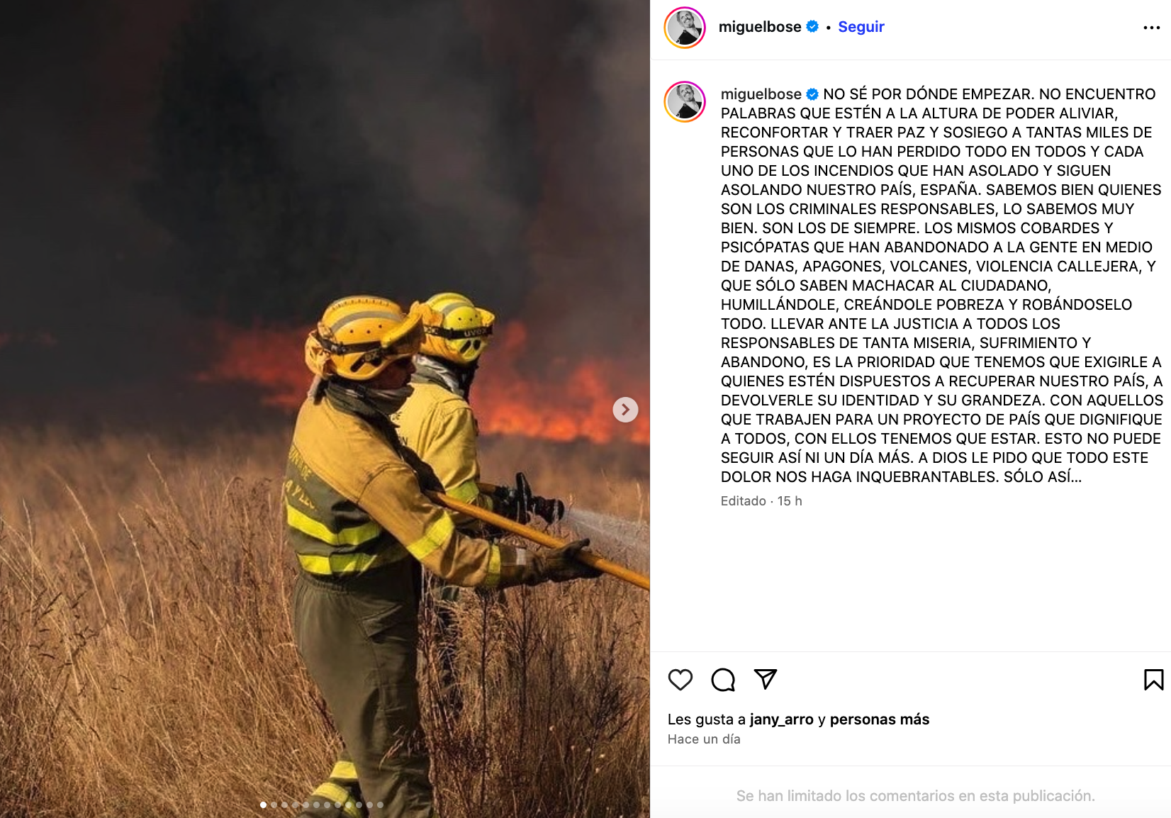 Comunicado de Miguel Bosé en Instagram.