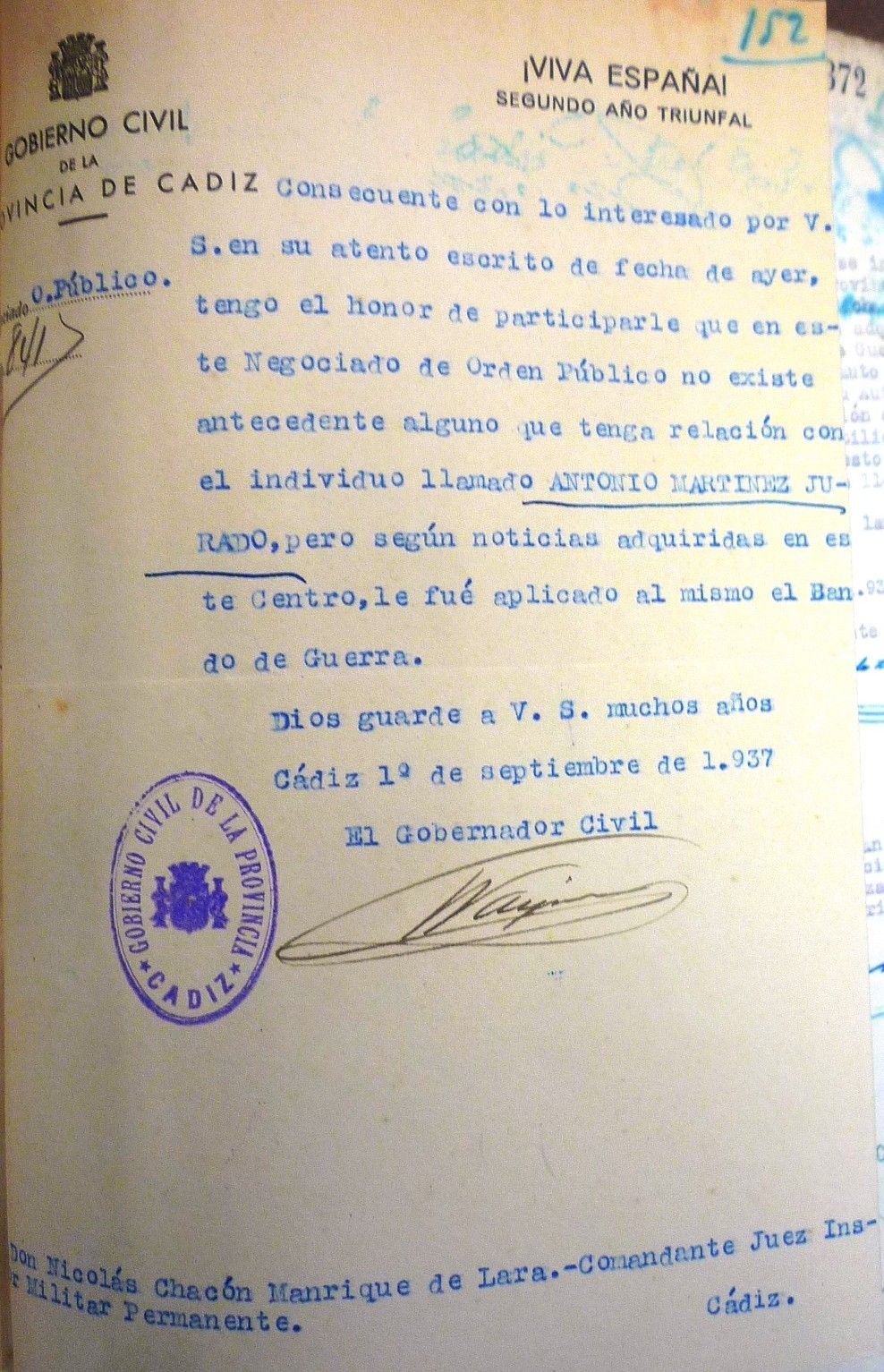 Oficio reconociendo el asesinato de Antonio Martínez Jurado.