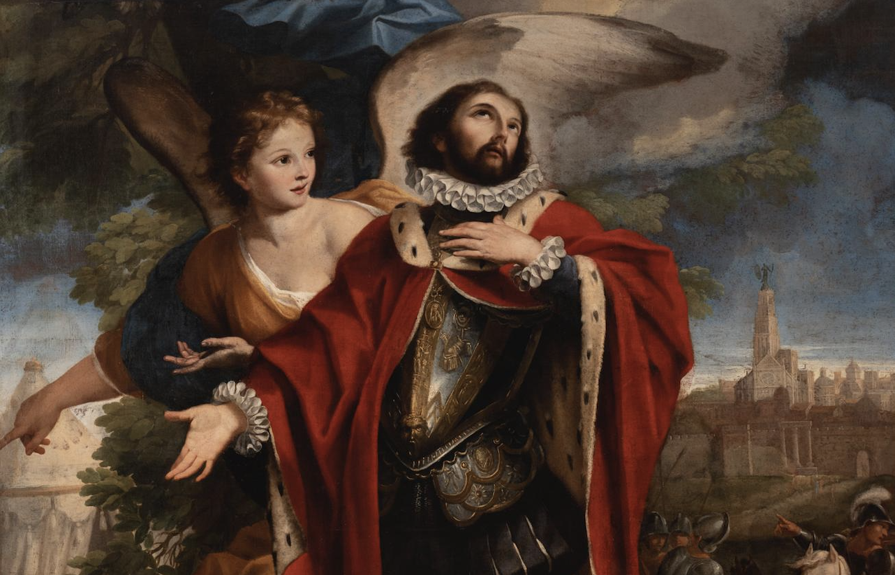 Detalle del cuadro con los rostros de san Fernando y el ángel; al fondo, la Giralda.