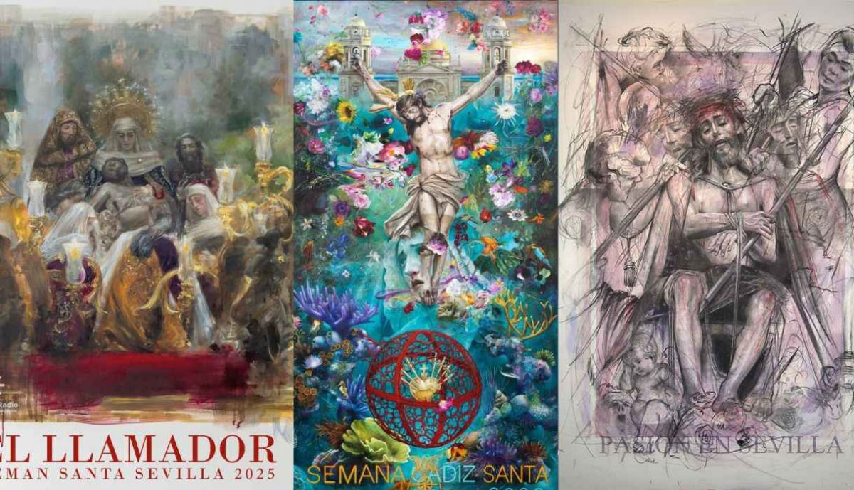 Tres de los carteles de Semana Santa confeccionados por Antonio Casamitjana.