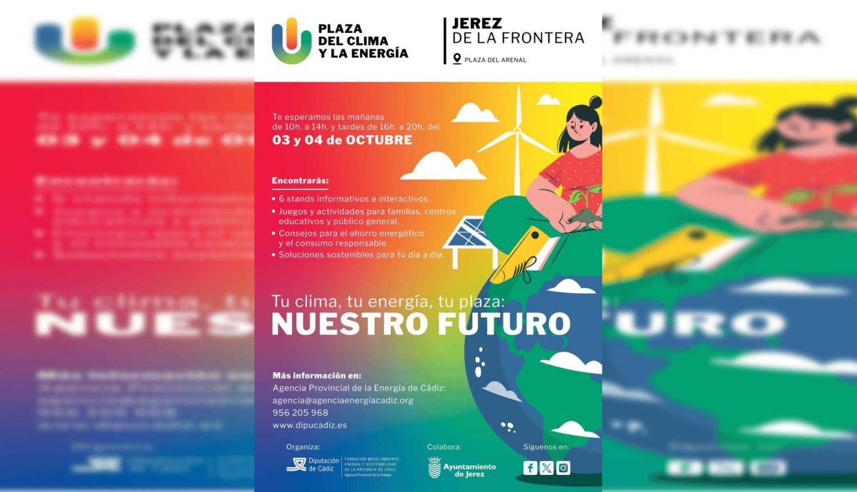 Cartel de la 'Plaza del Clima y la Energía' que llega a Jerez.