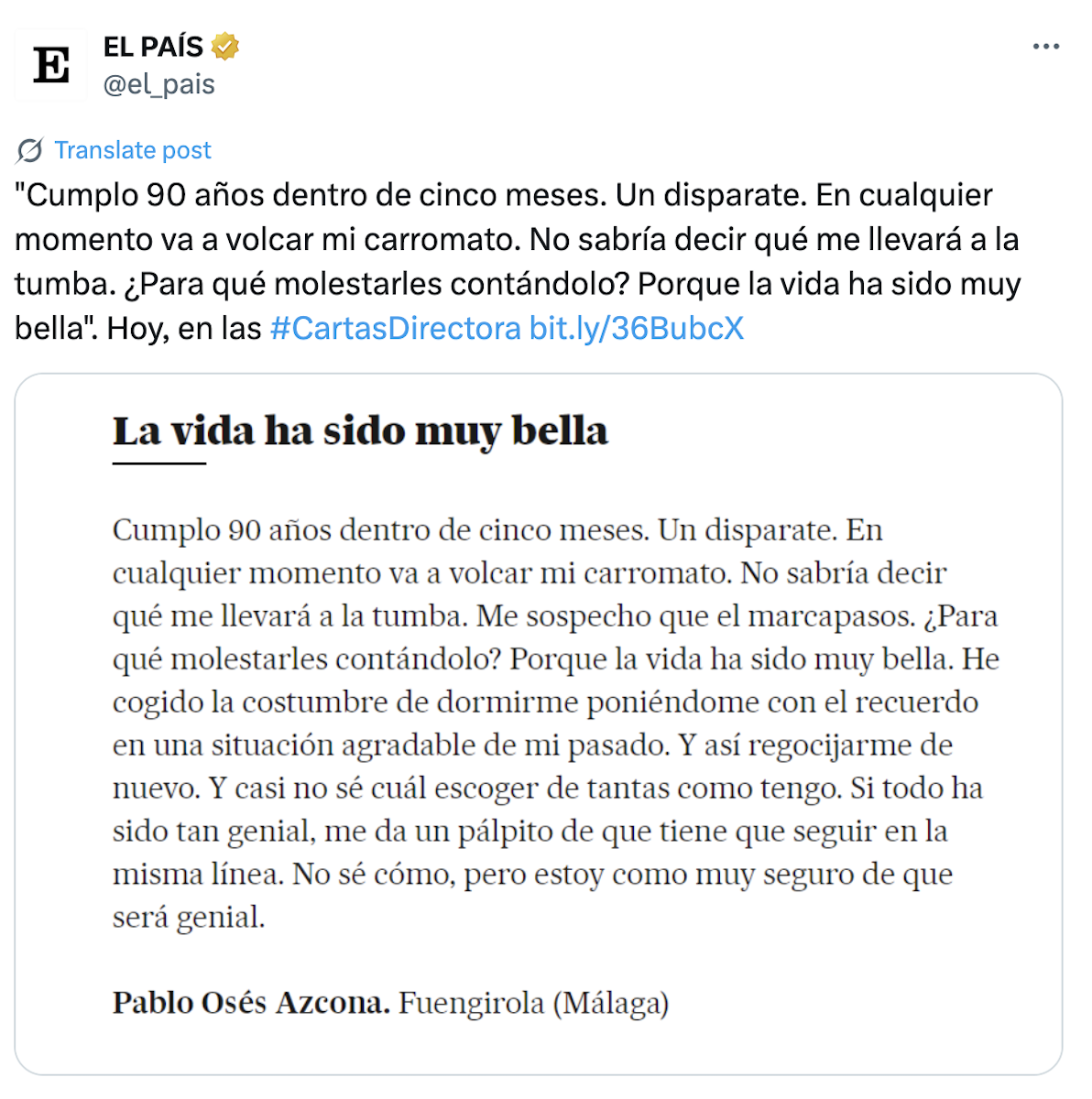 La carta viral de Pablo Osés.
