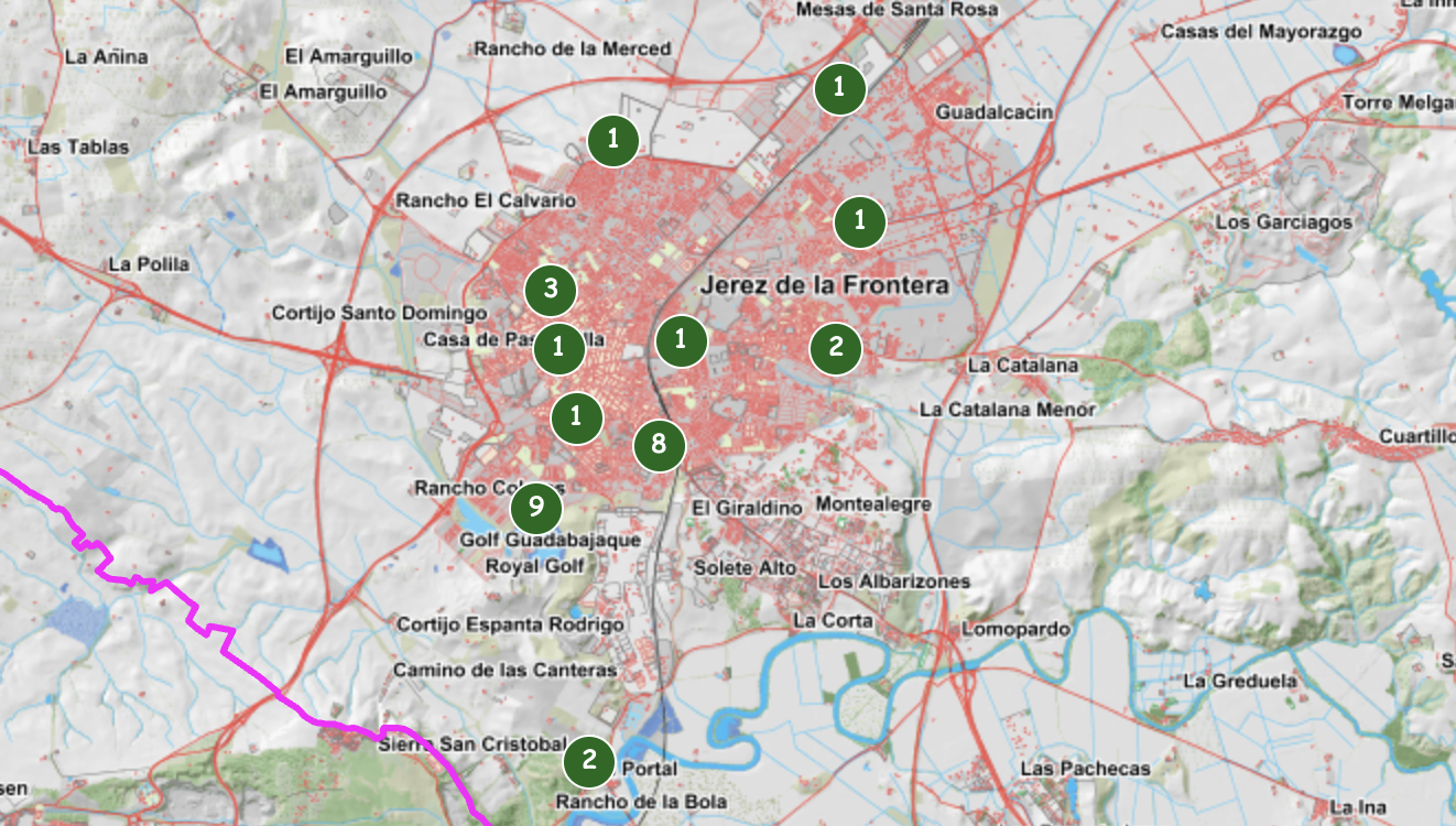 Plano de las bolsas de suelo de la Junta ofertadas en Jerez para construir vivienda a precio asequible.