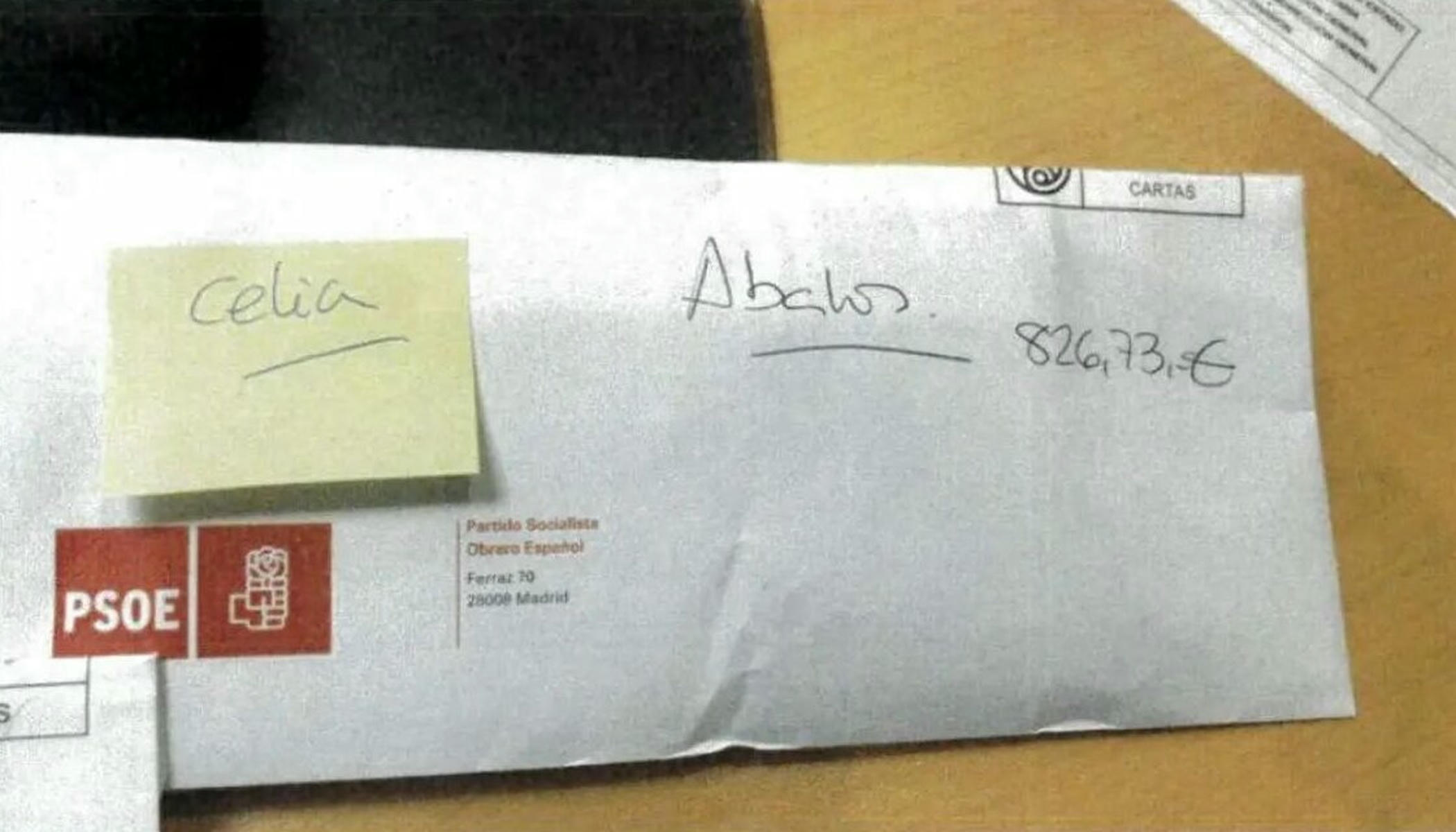 Un sobre aportado en el informe de la UCO, del PSOE y dirigido para Ábalos.