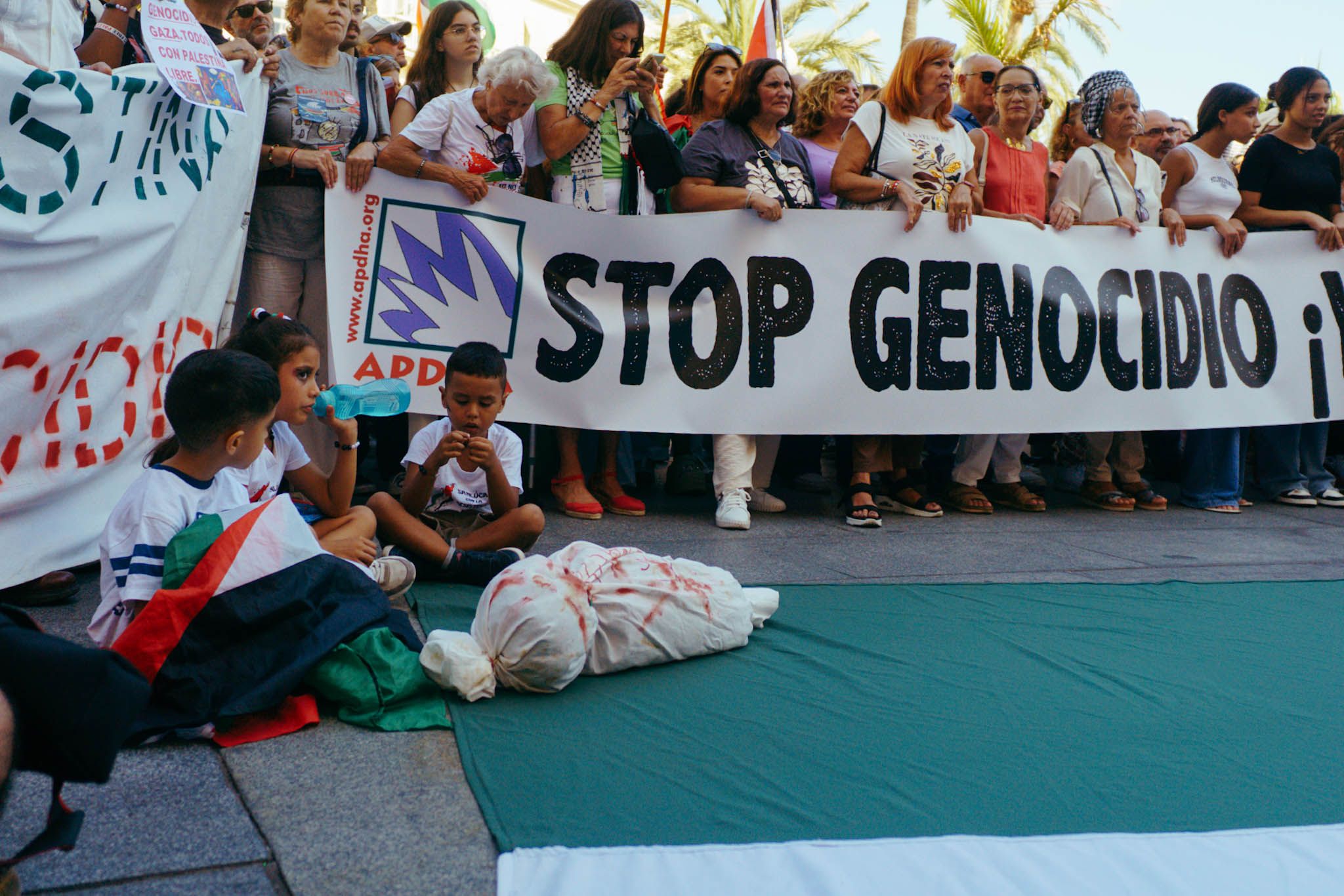 Pancartas contra el genocidio en Gaza, en una marcha en Cádiz.