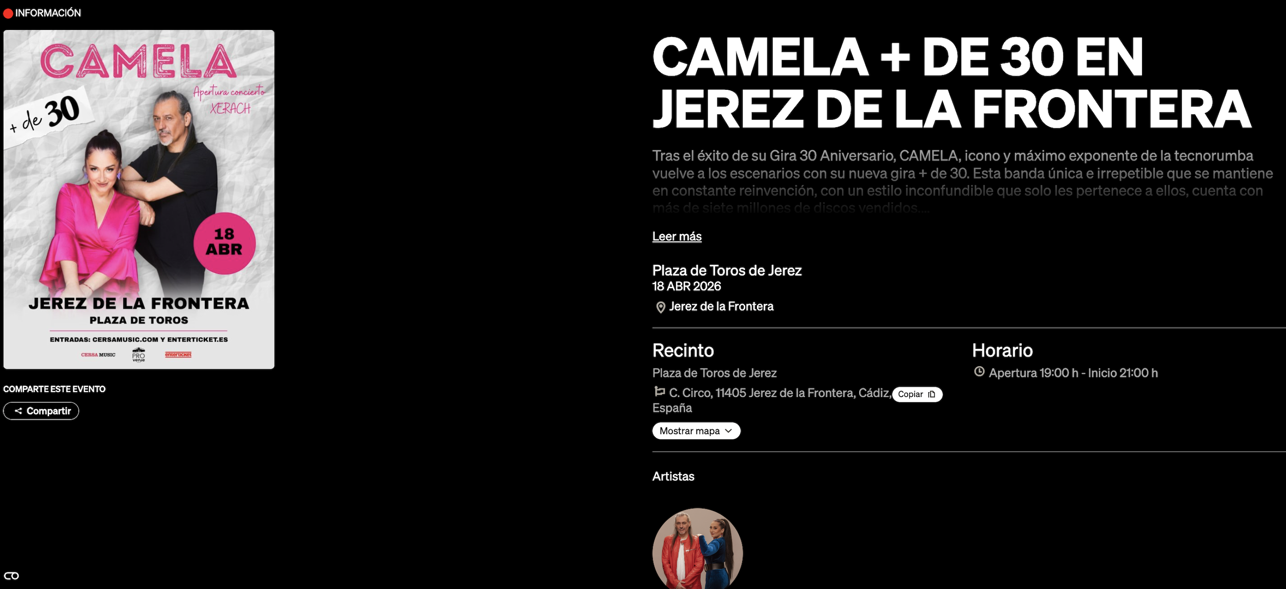 Web de Entertickets, con la nueva fecha de Camela en Jerez.