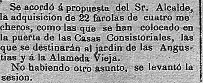 Datos del alumbrado de 1890 que alude a farolas de 4 mecheros o candelabros de 4 fuegos con iluminación por combustión de gas