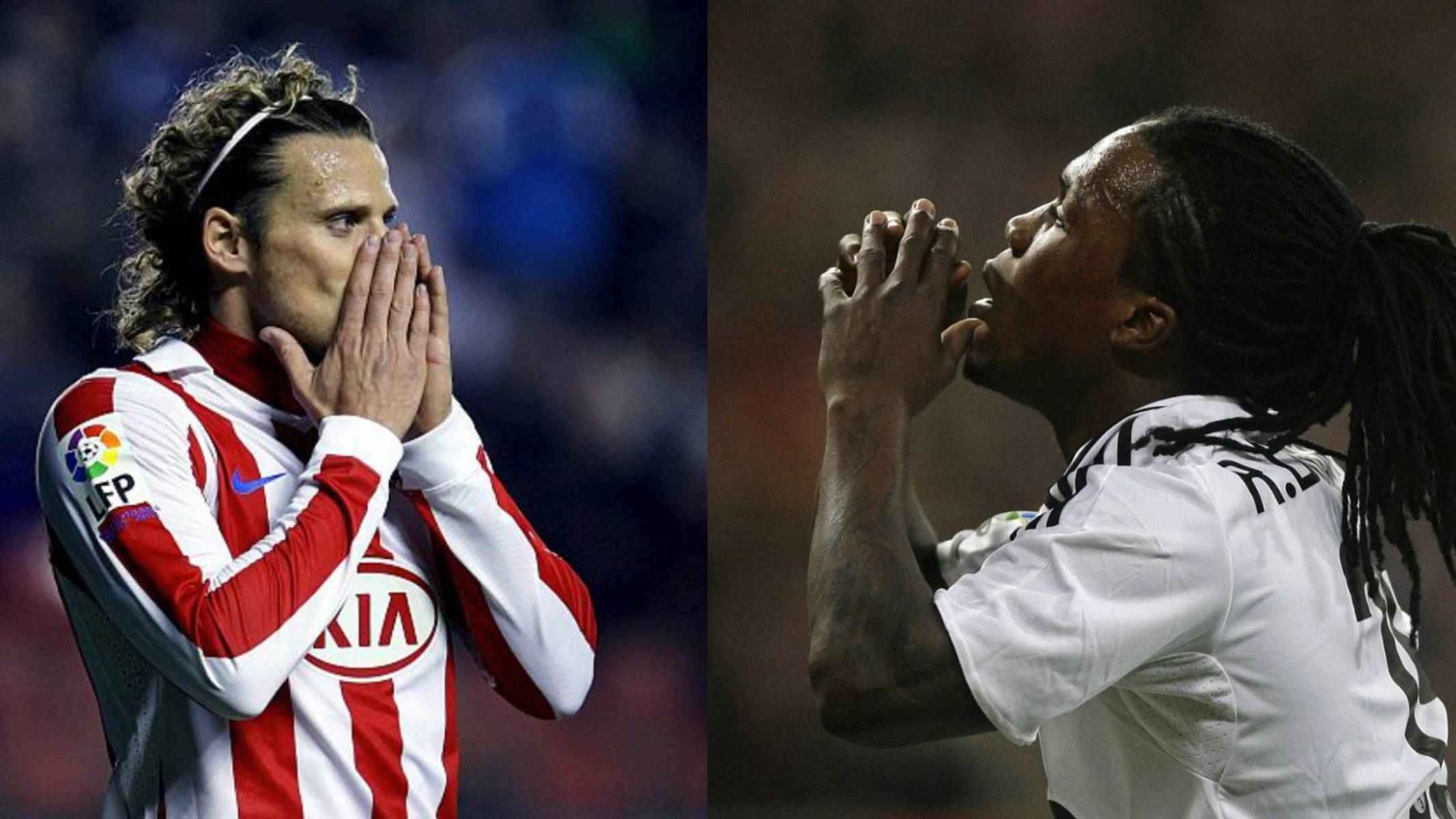 Diego Forlán y Royston Drenthe cuando jugaban en Atlético de Madrid y Real Madrid.