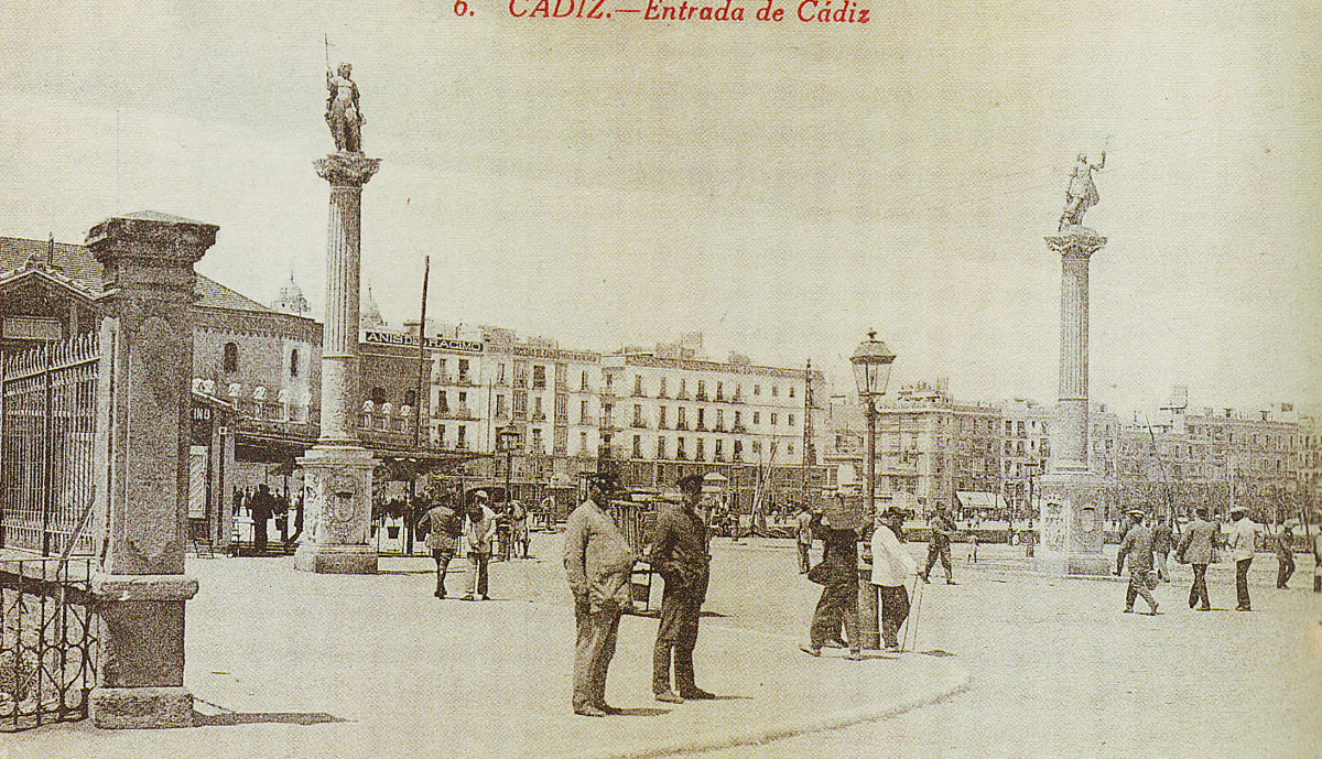 Entrada de Cádiz, tarjeta postal, Editor/Impresor Fototipia Castañeira, Alvarez y Levenfeld. Madrid, hacia 1918.