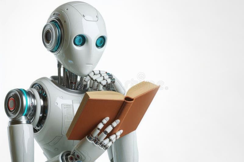 Un robot leyendo un libro.