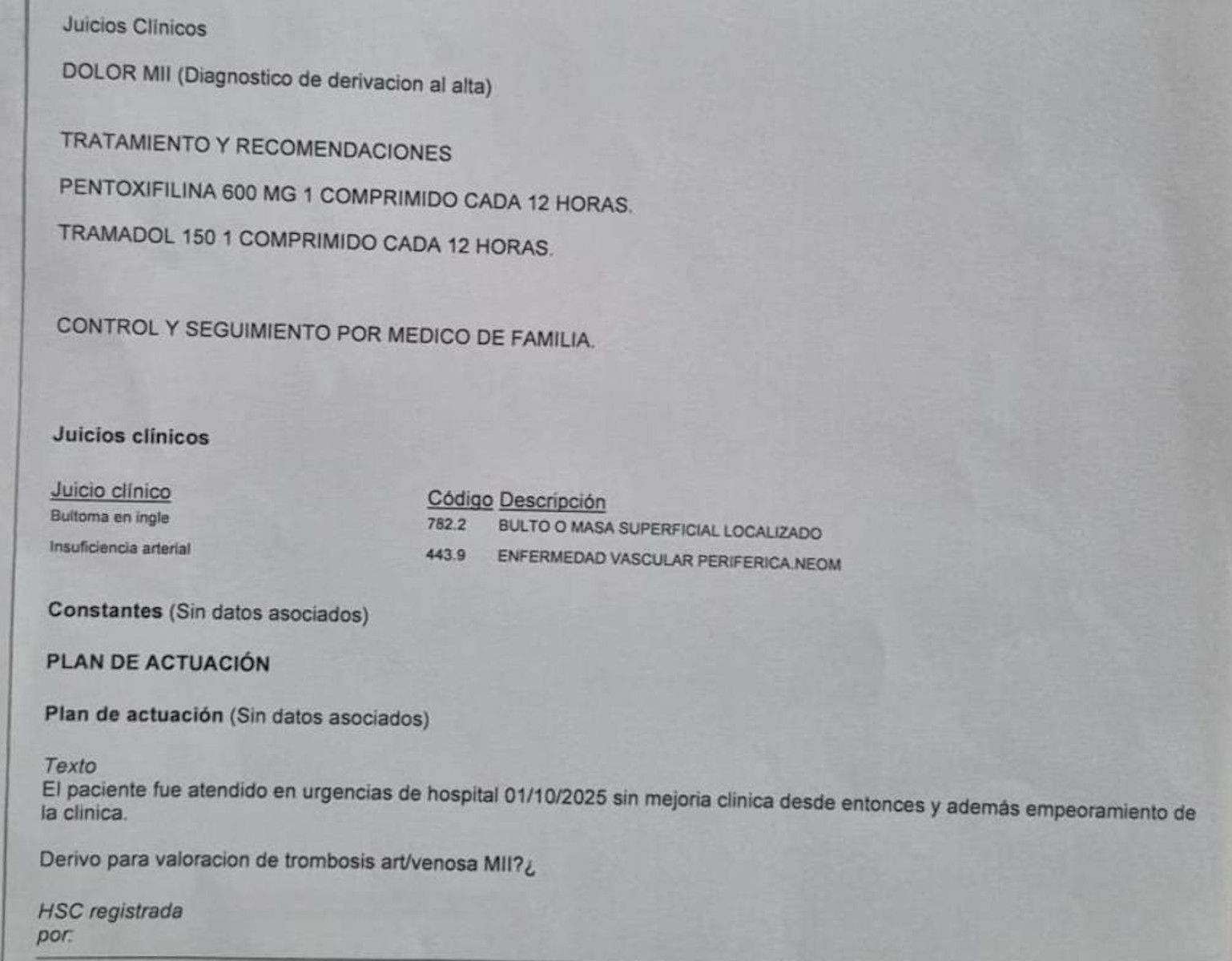 Extracto del parte médico entregado en el centro de salud Pinillo Chico.
