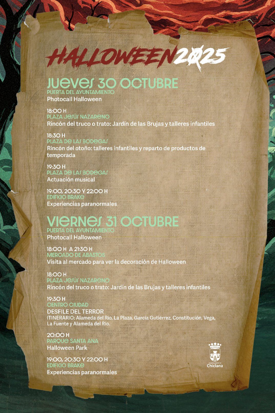 Cartel de la programación de Halloween en Chiclana.